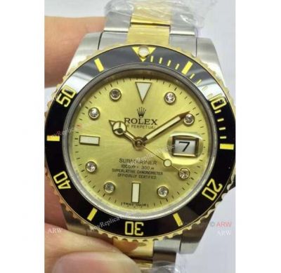 Swiss Rolex Submariner 2-Tone Case Gold Dial Black Ceramic Bezel Mens Watch